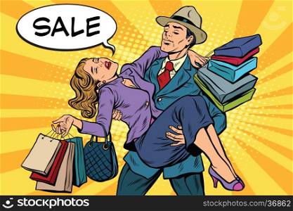 Discounts and sales. Retro man carrying woman on his hands, pop art vector. The concept of the sale season, the holidays and Black Friday