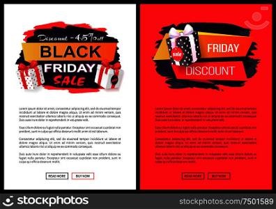 Discounts and special prices, reductions and surprises, autumn sellout on web poster with text. Black Friday sale, banner with presents in boxes vector.. Discounts and Special Prices, Reductions Surprises