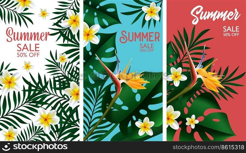 Discounts and summer sale, reduction of price and offer for clients and customers. Summertime seasonal clearance, 50 percent off. Advertising and marketing posters or banners. Vector in flat style. Summer sale, discounts and clearance of goods