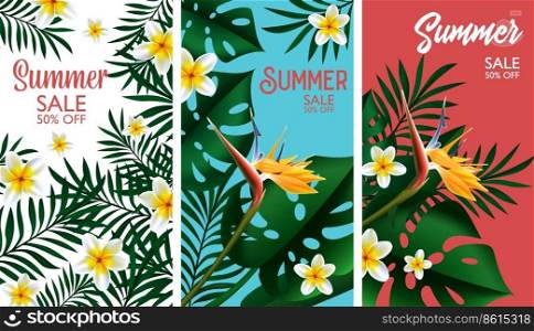 Discounts and summer sale, reduction of price and offer for clients and customers. Summertime seasonal clearance, 50 percent off. Advertising and marketing posters or banners. Vector in flat style. Summer sale, discounts and clearance of goods