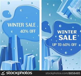 Discounts and winter sale, seasonal clearance and promo for clients and customers. Up to sixty and forty percent off price reduction. Promotion banner or advertisement. Vector in flat style. Winter sale up to sixty percent, discount banner