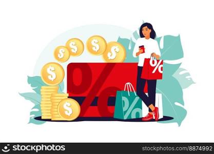 Discounts concept. Discount and loyalty card. Price reduction promotional coupons. Special holiday offers. Vector illustration. Flat