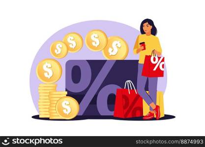 Discounts concept. Discount and loyalty card. Price reduction promotional coupons. Special holiday offers. Vector illustration. Flat