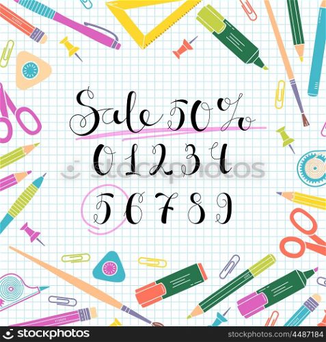 Discounts design for the sale of school stationery products. Discounts design for the sale of school stationery products. Vector illustration