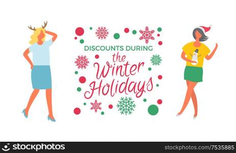 Discounts during winter holidays, sale poster, woman in Santa Claus hat and horns accessory. Price off tag in wreath of dots and snowflakes, vector people. Discounts During Winter Holidays Sale Poster Woman
