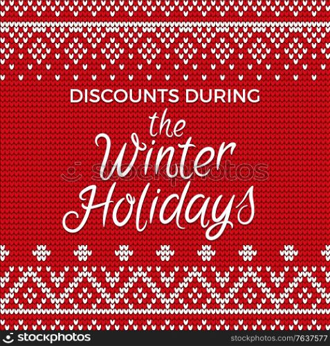 Discounts during winter holidays vector, embroidered pattern with floral and geometric elements. Red and white embroidery with stitches. Banner for text, decoration for festival flat illustration. Discounts During Winter Holidays Red Embroidery