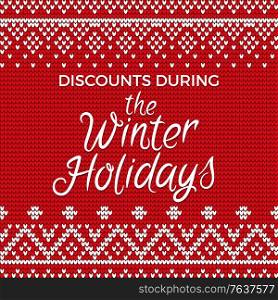 Discounts during winter holidays vector, embroidered pattern with floral and geometric elements. Red and white embroidery with stitches. Banner for text, decoration for festival flat illustration. Discounts During Winter Holidays Red Embroidery