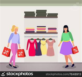 Discounts in fashion boutique. Women looking at clothes in shop. Female character carrying bag with purchase bought on used coupon. Reduction of price on dresses and jackets. Vector in flat style. Fashion Store Boutique for Women with Discount