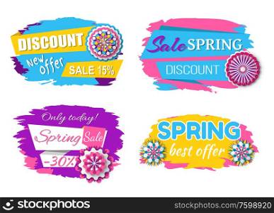 Discounts in summer and spring season vector, sales and special offers of shops, flowers and natural decoration, new proposition lowered price set. Spring and Summer Banners with Sales and Discounts