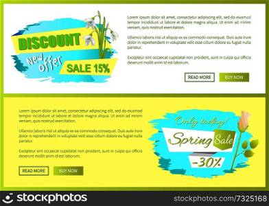 Discounts new offer sale off advertisement label rose and snowdrop flowers, springtime blooming buds on promo emblem isolated, web posters with text. Discounts Spring Sale Advertisement Label Flowers