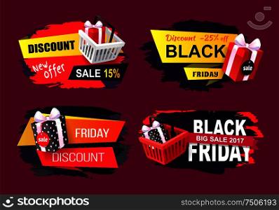 Discounts on Black Friday promotional icons set. Sticker with purchase, wrapped package in shopping cart. Promo label tags with strokes isolated vector. Discounts on Black Friday Promotional Icons Set