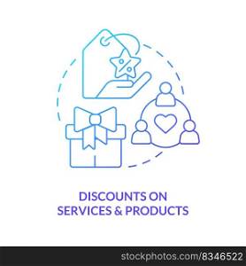 Discounts on services and products blue gradient concept icon. Partnership loyalty program abstract idea thin line illustration. Isolated outline drawing. Myriad Pro-Bold font used. Discounts on services and products blue gradient concept icon