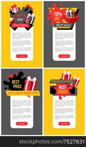 Discounts, reduction half price off, web site templates vector. Sellout special propositions of shops to clients. Sale promotion, presents and gifts. Discounts, Reduction Half Price Off, Web Sites