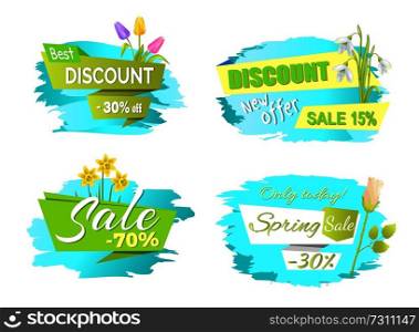 Discounts spring sale labels with tulip flowers, promo emblems with daffodils, springtime price off tags roses and snowdrops vector illustrations set. Discounts Spring Sale Labels Tulip Flowers, Promo