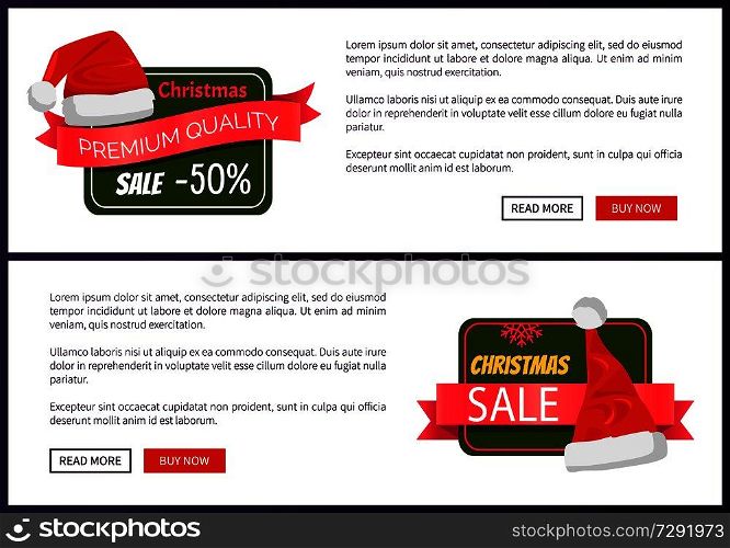 Discounts tags Santa Claus hats on promo labels Christmas sale concept, vector website posters with text read more and buy now. Discounts Tags Santa Claus hats Promo Labels Xmas