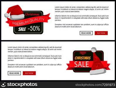 Discounts tags Santa Claus hats on promo labels Christmas sale concept, vector website posters with text read more and buy now. Discounts Tags Santa Claus hats Promo Labels Xmas