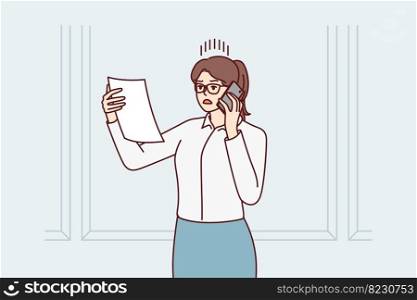 Discouraged woman with phone reading document and nervous about telling interlocutor about problems have arisen. Shocked businesswoman reading court notice or letter from partners. Flat vector image. Discouraged woman in business attire with phone reading document and nervous about. Vector image