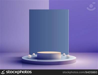 Discover a modern and stylish interior concept in this purple studio room. The illustration features a set of stairs leading to a 3D podium with a captivating showcase, creating for product display and mockup purposes. Vector illustration
