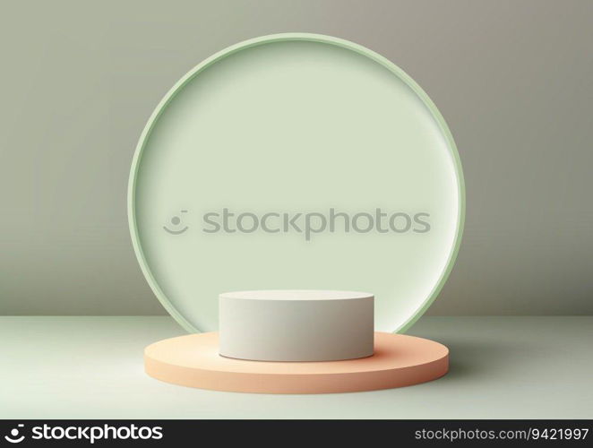 Discover a modern interior concept with our 3D white podium stand featuring a soft green circle backdrop. Showcase your products in style and captivate your audience with this stunning mockup.