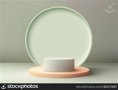 Discover a modern interior concept with our 3D white podium stand featuring a soft green circle backdrop. Showcase your products in style and captivate your audience with this stunning mockup.