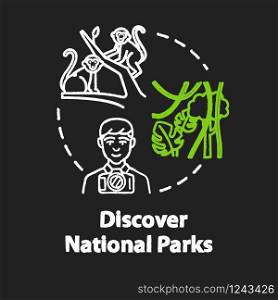 Discover national parks chalk RGB color concept icon. Wildlife reserve visit, tourist activity idea. Natural landmark exploration. Vector isolated chalkboard illustration on black background