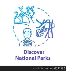 Discover national parks concept icon. Wildlife reserve visit, tourist activity idea thin line illustration. Public natural landmark exploration. Vector isolated outline RGB color drawing