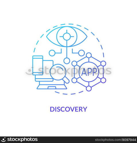 Discovery blue gradient concept icon. Innovative online resources. User experience. Layer of metaverse abstract idea thin line illustration. Isolated outline drawing. Myriad Pro-Bold font used. Discovery blue gradient concept icon