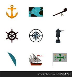 Discovery of America icons set. Flat illustration of 9 discovery of America vector icons for web. Discovery of America icons set, flat style