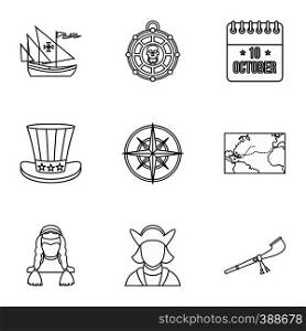 Discovery of America icons set. Outline illustration of 9 discovery of America vector icons for web. Discovery of America icons set, outline style