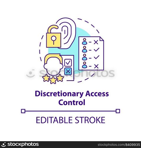 Discretionary access control concept icon. Security management abstract idea thin line illustration. Listing features. Isolated outline drawing. Editable stroke. Arial, Myriad Pro-Bold fonts used. Discretionary access control concept icon