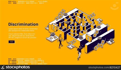 Discrimination banner. Concept of gender inequality in business, difference in wage and opportunities for professional career. Vector isometric illustration of maze, money, woman and man. Vector banner of discrimination, gender inequality