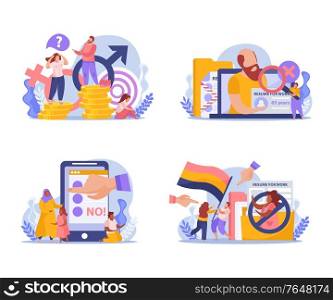 Discrimination concept 4 flat compositions with gender pay gap racism religious age immigrants employment problems isolated vector illustration