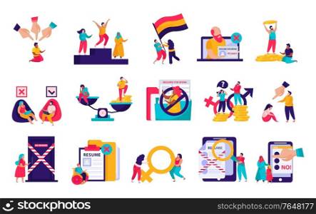 Discrimination flat icons recolor set with gender nationality pay gap racism age religious beliefs unemployment vector illustration