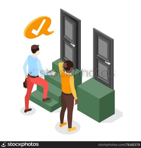 Discrimination isometric composition with white and black human characters in front of open and closed doors vector illustration