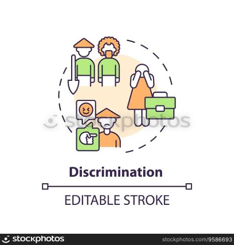 Discrimination multi color concept icon. Gender inequality. Migrant worker. Agriculture employee. Labor market. Round shape line illustration. Abstract idea. Graphic design. Easy to use. Discrimination multi color concept icon