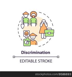 Discrimination multi color concept icon. Gender inequality. Migrant worker. Agriculture employee. Labor market. Round shape line illustration. Abstract idea. Graphic design. Easy to use. Discrimination multi color concept icon