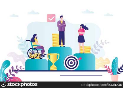 Discrimination of disabled people and women at work. Salary inequality. Equal rights for both sexes. Unequal rights and wages among people. Gender equality in business. Trendy flat vector illustration