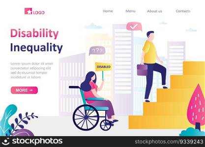 Discrimination of disabled people. Woman with disability cannot move up career ladder. Equal rights and opportunities for all people. Disability inequality concept. Landing page. Vector illustration