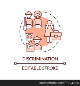 Discrimination red concept icon. Gender inequality. Migrant worker. Agriculture employee. Labor market. Limited access. Round shape line illustration. Abstract idea. Graphic design. Easy to use. Discrimination red concept icon
