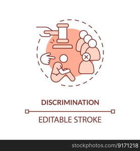 Discrimination red concept icon. Social exclusion. Intolerance. Justice issue abstract idea thin line illustration. Isolated outline drawing. Editable stroke. Arial, Myriad Pro-Bold fonts used. Discrimination red concept icon
