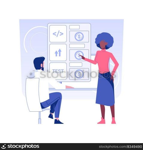 Discussing budget isolated concept vector illustration. IT company worker consulting client about budget, business development, project management, cost of services calculation vector concept.. Discussing budget isolated concept vector illustration.