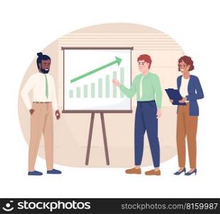 Discussing company performance 2D vector isolated illustration. Corporate success presentation flat characters on cartoon background. Colorful editable scene for mobile, website, presentation. Discussing company performance 2D vector isolated illustration