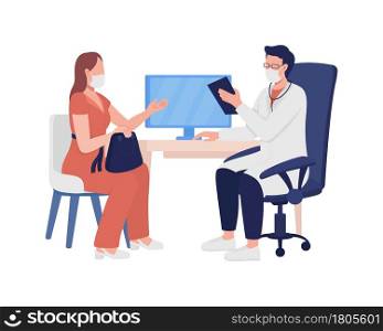 Discussing problem with medical specialist semi flat color vector characters. Full body people on white. Doctor consultation isolated modern cartoon style illustration for graphic design and animation. Discussing problem with medical specialist semi flat color vector characters