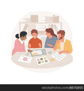 Discussion and questions isolated cartoon vector illustration. Parents and teacher ask questions, child leading discussion, student sitting in the middle, socialization skills vector cartoon.. Discussion and questions isolated cartoon vector illustration.