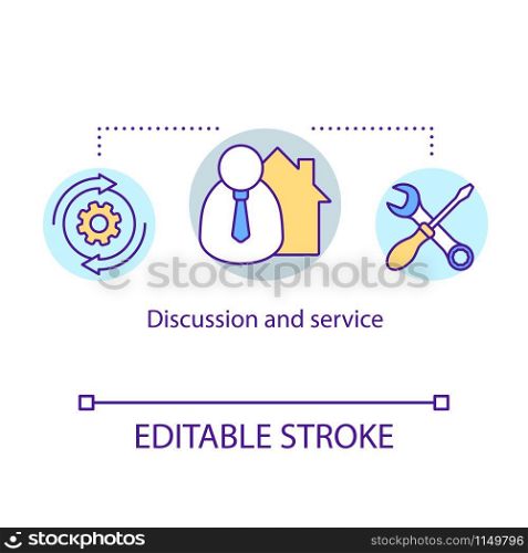 Discussion and service concept icon. Maintenance home automation system. Adjustment and repair of household appliances idea thin line illustration. Vector isolated outline drawing. Editable stroke