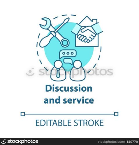 Discussion and service turquoise concept icon. Smart house customer support idea thin line illustration. Helping with innovative technology problems. Vector isolated outline drawing. Editable stroke