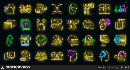 Discussion icons set. Outline set of discussion vector icons neon color on black. Discussion icons set vector neon