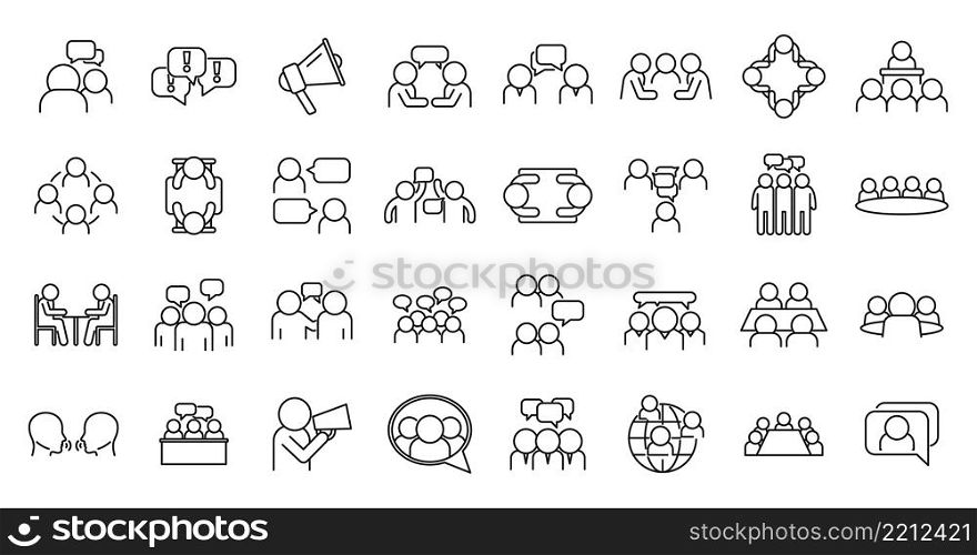Discussion icons set outline vector. Talking person. Business chat. Discussion icons set outline vector. Talking person