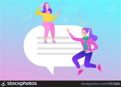 Discussion of business people. businessmen discuss social network, news, social networks, chat, dialogue speech bubbles. Vector illustration in flat cartoon style.