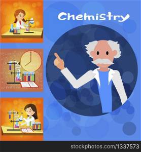 Discussion Scientific Report and Research Results. Vector Flat Illustration on Blue Background. Institute Chemistry in Medicine Jacket. Left Set on an Orange Background. Students in Lab.